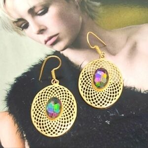 Vintage Mystic Topaz Oval Filigree 14k Plated Gold Earrings